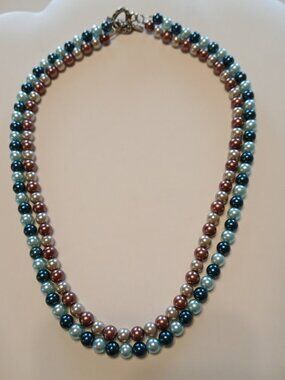 VTG 20"HONARA Double Strand Glass/Shell Pearls Teal Mauve Champagne Heart Toggle